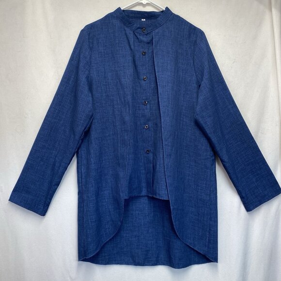 Unbranded Linen Long Sleeve Band Collar Button-Up Shirt Women XL Blue Hi-Low - Picture 1 of 13